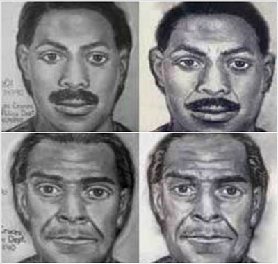 Four investigative composite drawings showing initial and later age-progressed versions of the two unidentified men; these are not photographs.